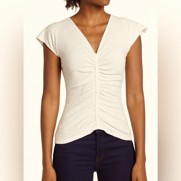 Max Studio Shirred s/s Top Ivory L EUC - Picture 1 of 7